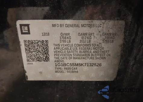 2019 Chevrolet Cruze Ls z USA, uszkodzony, nr VIN 1G1BC5SM5K7132526